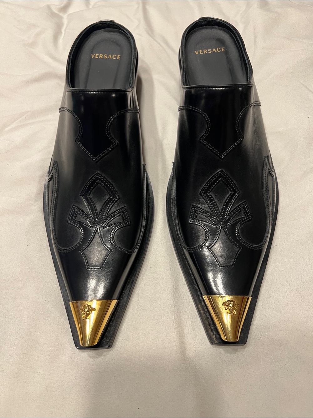 Versace Black Leather Slip-On Loafers with Gold Toe Caps